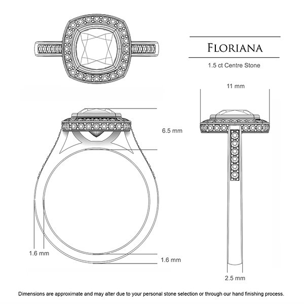 Cushion Diamond Rings Platinum 950 Floriana - Dimensions