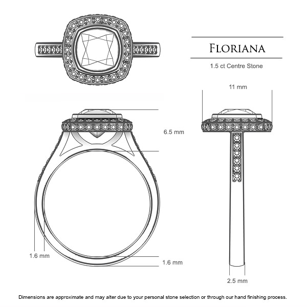 Cushion Diamond Rings White Gold Floriana - Dimensions