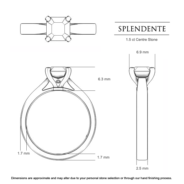 Asscher Diamond Rings White Gold Splendente - Dimensions