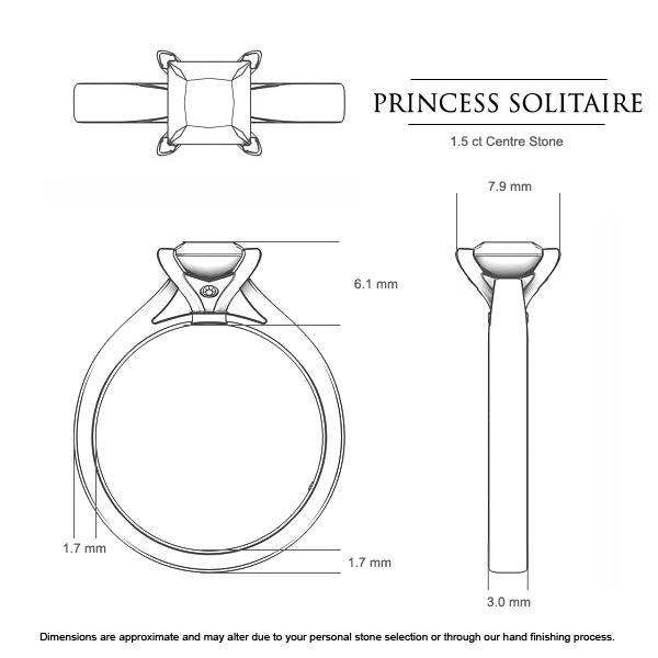 Princess Diamond Rings Platinum 950 Princess Solitaire - Dimensions