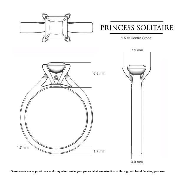 Princess Engagement Rings White Gold Princess Solitaire - Dimensions