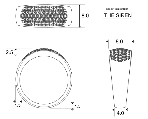 Diamond Rings Platinum 950 The Siren - Dimensions