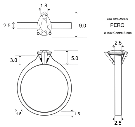Pear Diamond Rings Platinum 950 Pero - Dimensions