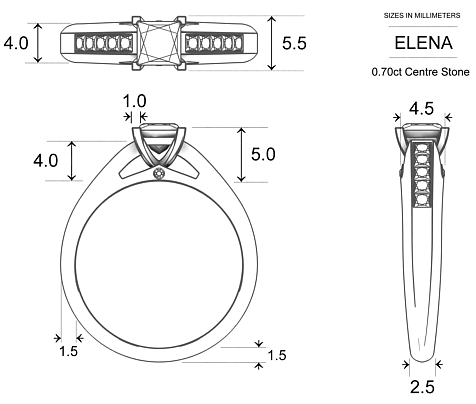 Princess Diamond Rings Platinum 950 Elena - Dimensions