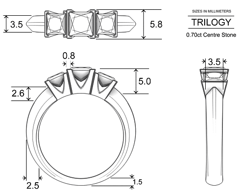 Princess Diamond Rings Platinum 950 Trilogy - Dimensions