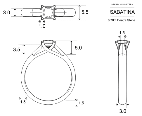 Princess Diamond Rings Platinum 950 Sabatina - Dimensions