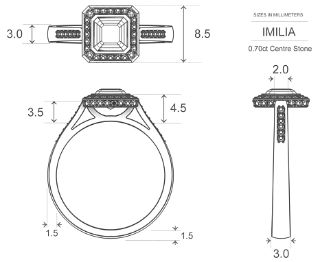 Asscher Diamond Rings Platinum 950 Imilia - Dimensions