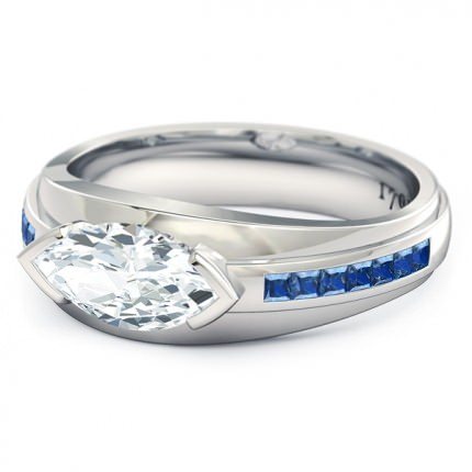 Marquise Diamond Ring White Gold Deep Blue - Side View