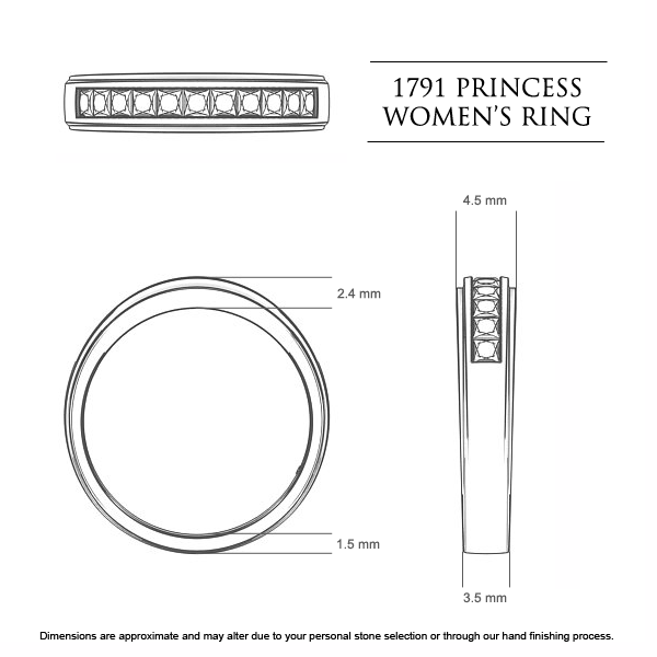 Wedding Bands White Gold 1791 Princess Women's - Dimensions